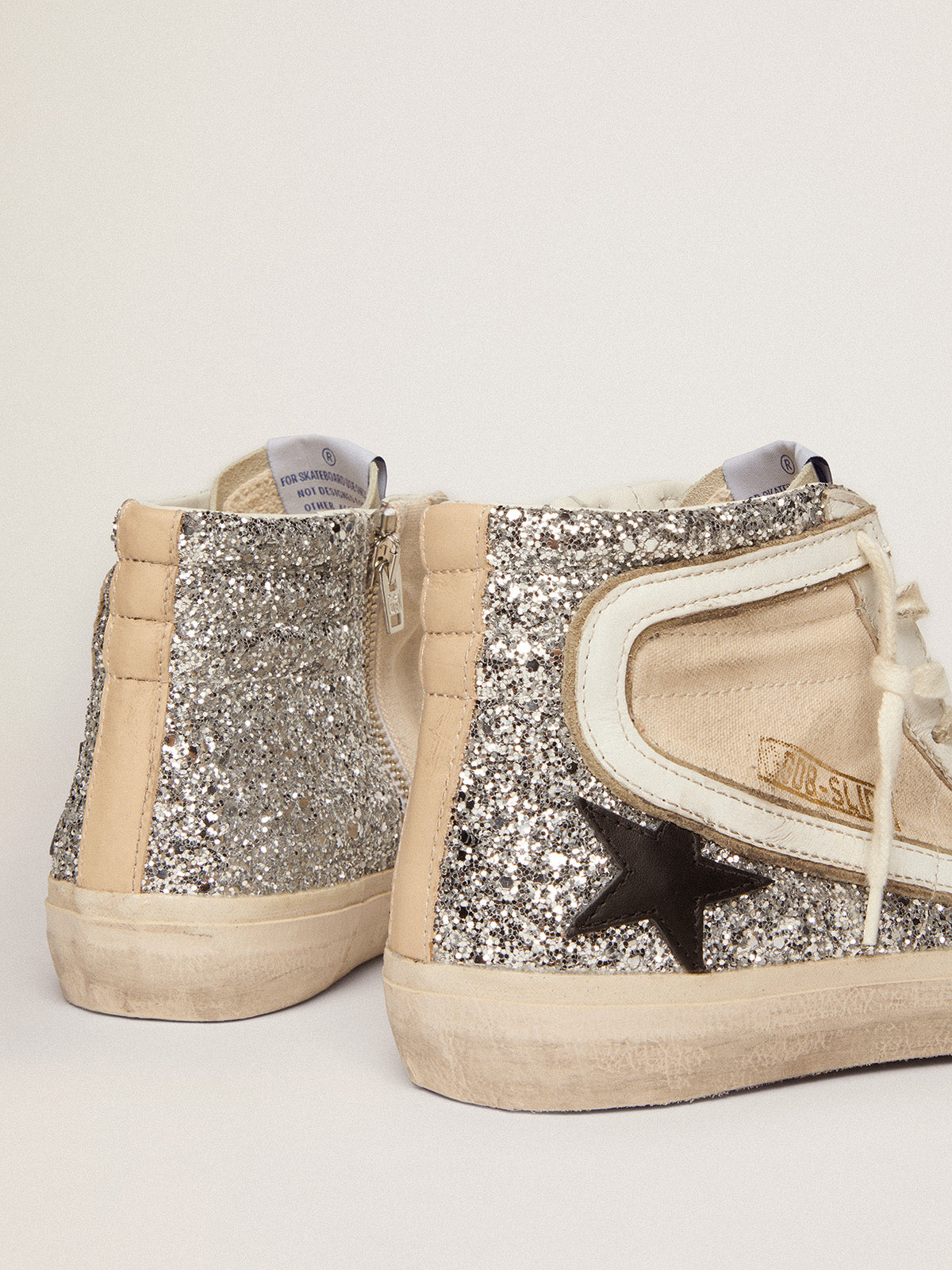 Women's Slide Penstar in cream-colored canvas and silver glitter| Golden Goose