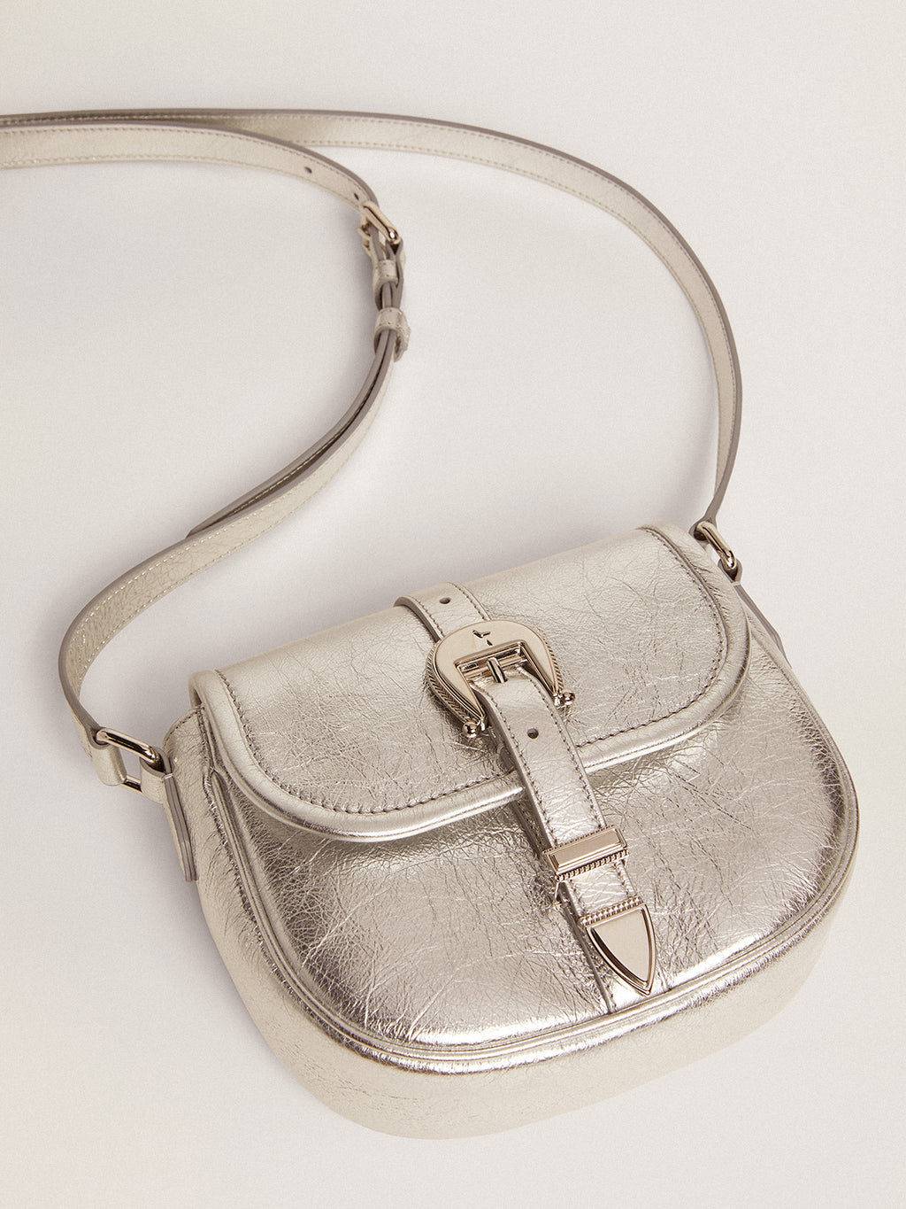 Women's small Rodeo Bag in silver laminated leather| Golden Goose