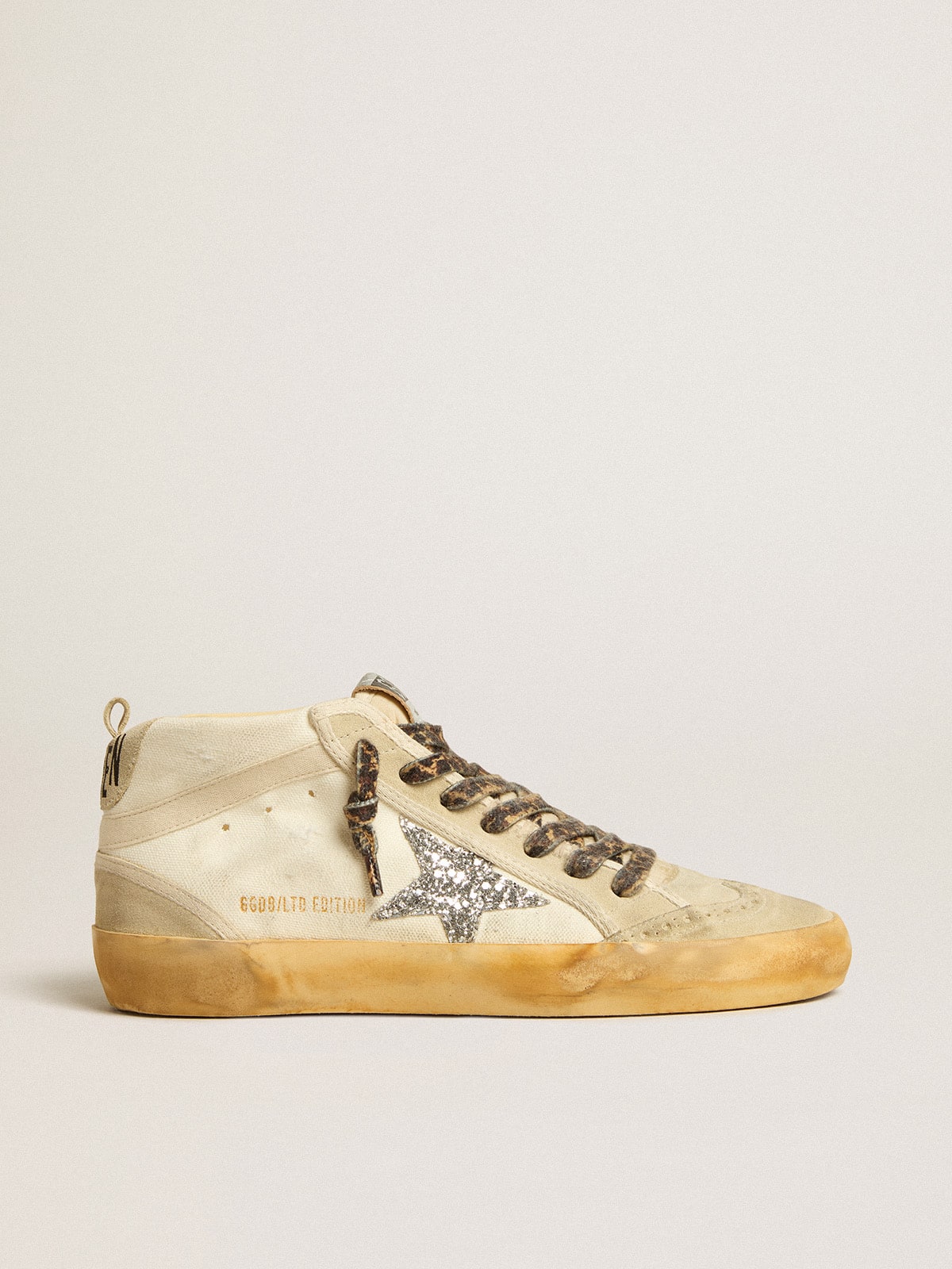 Women's Mid Star in canvas with silver glitter star and beige flash| Golden Goose