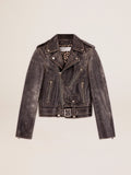 Women's black leather biker jacket| Golden Goose