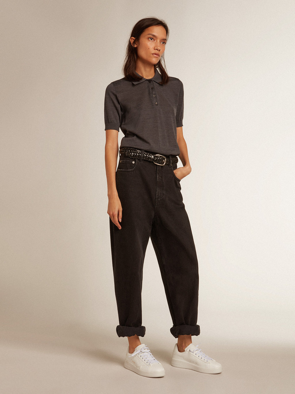 Women's polo shirt in anthracite merino wool| Golden Goose