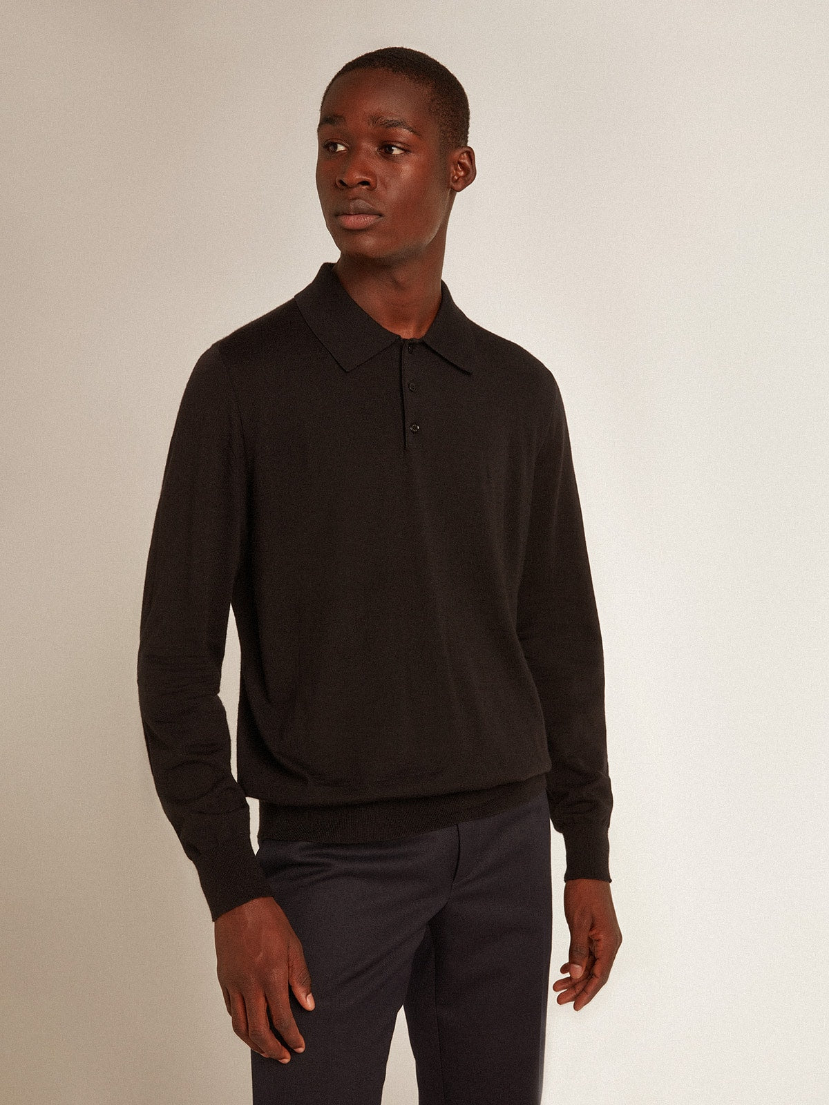 Men's long-sleeved polo shirt in black merino wool| Golden Goose