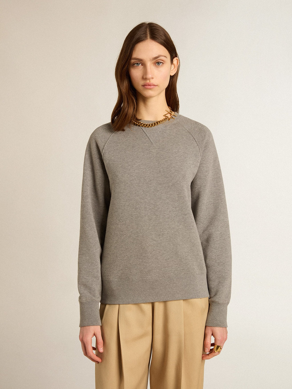 Gray melange cotton sweatshirt with manifesto on the back| Golden Goose