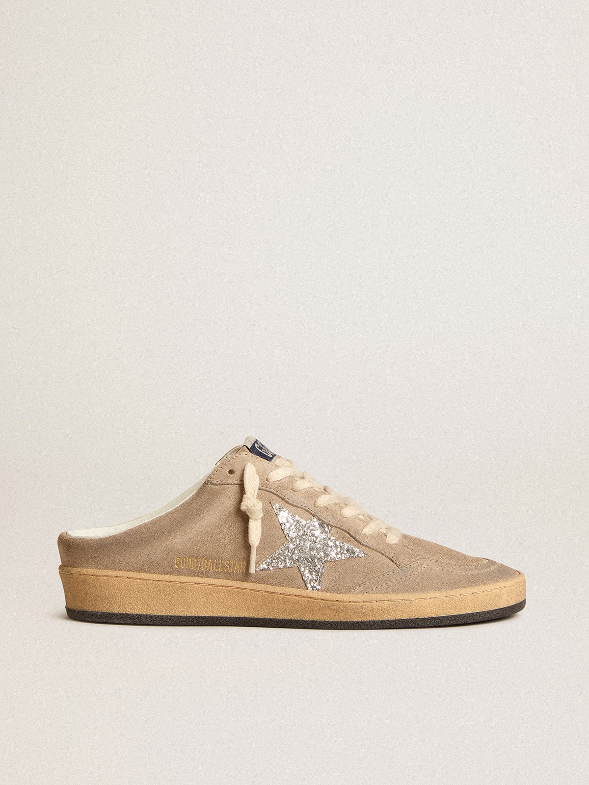 Ball Star Sabots in dove-gray suede with silver glitter star| Golden Goose