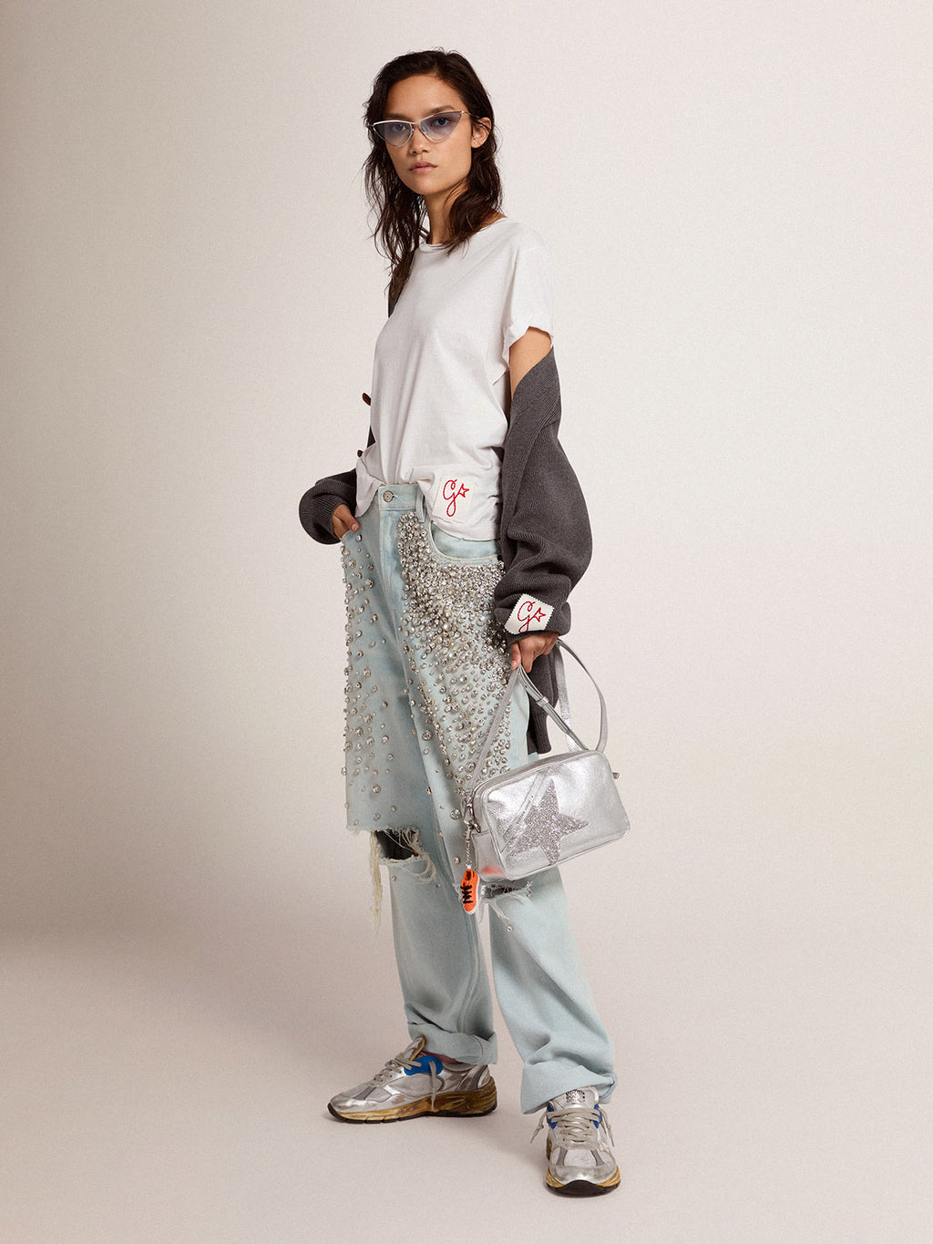 Women's bleached jeans with cabochon crystals| Golden Goose