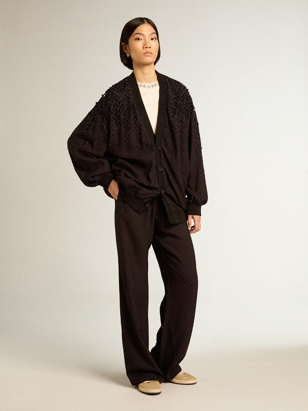 Women's black cardigan with shaded embroidery| Golden Goose