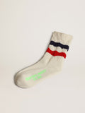 Socks in distressed-finish white cotton with red and navy stripes| Golden Goose