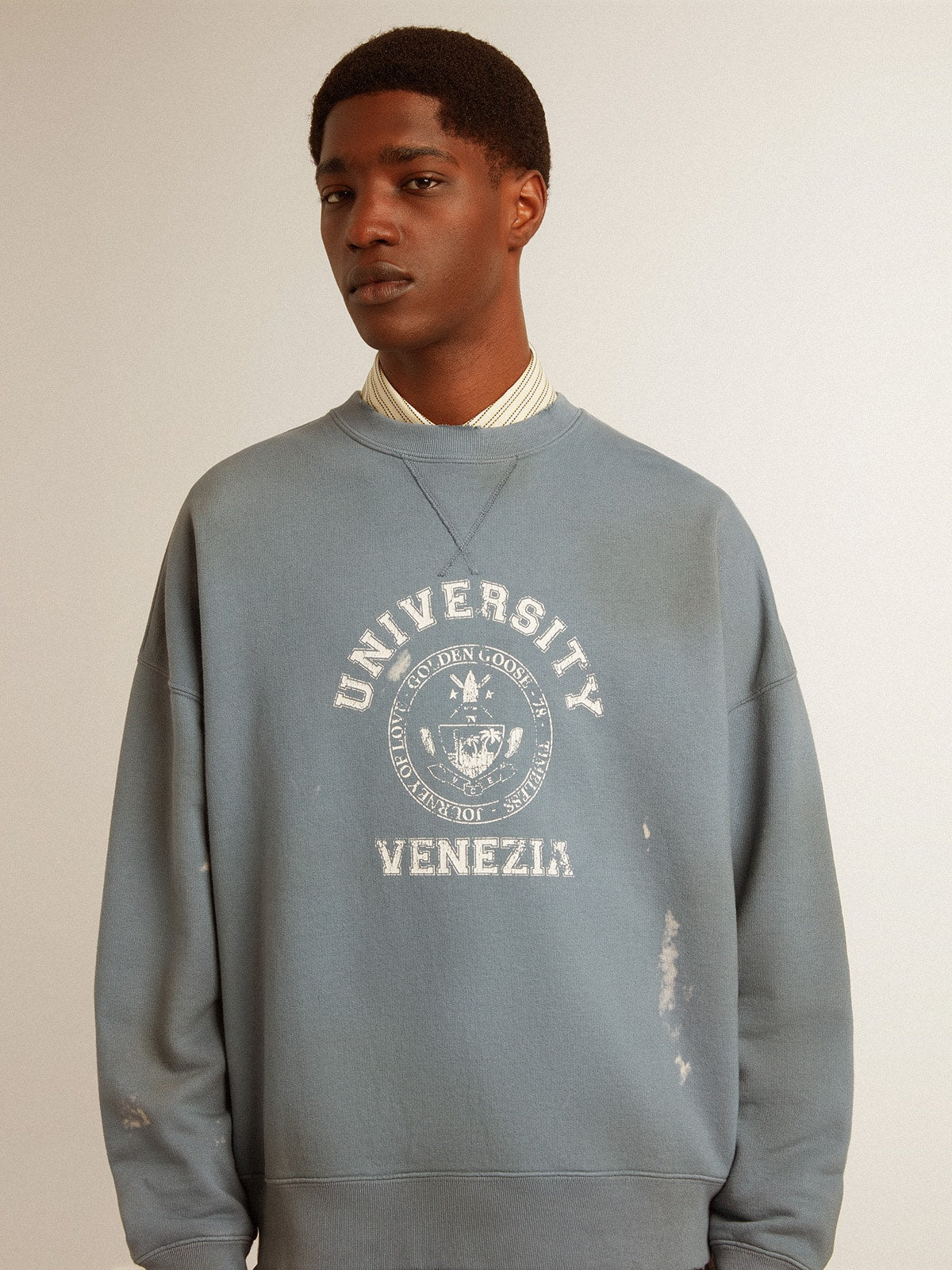 Oversized sweatshirt in baby blue with distressed finish| Golden Goose