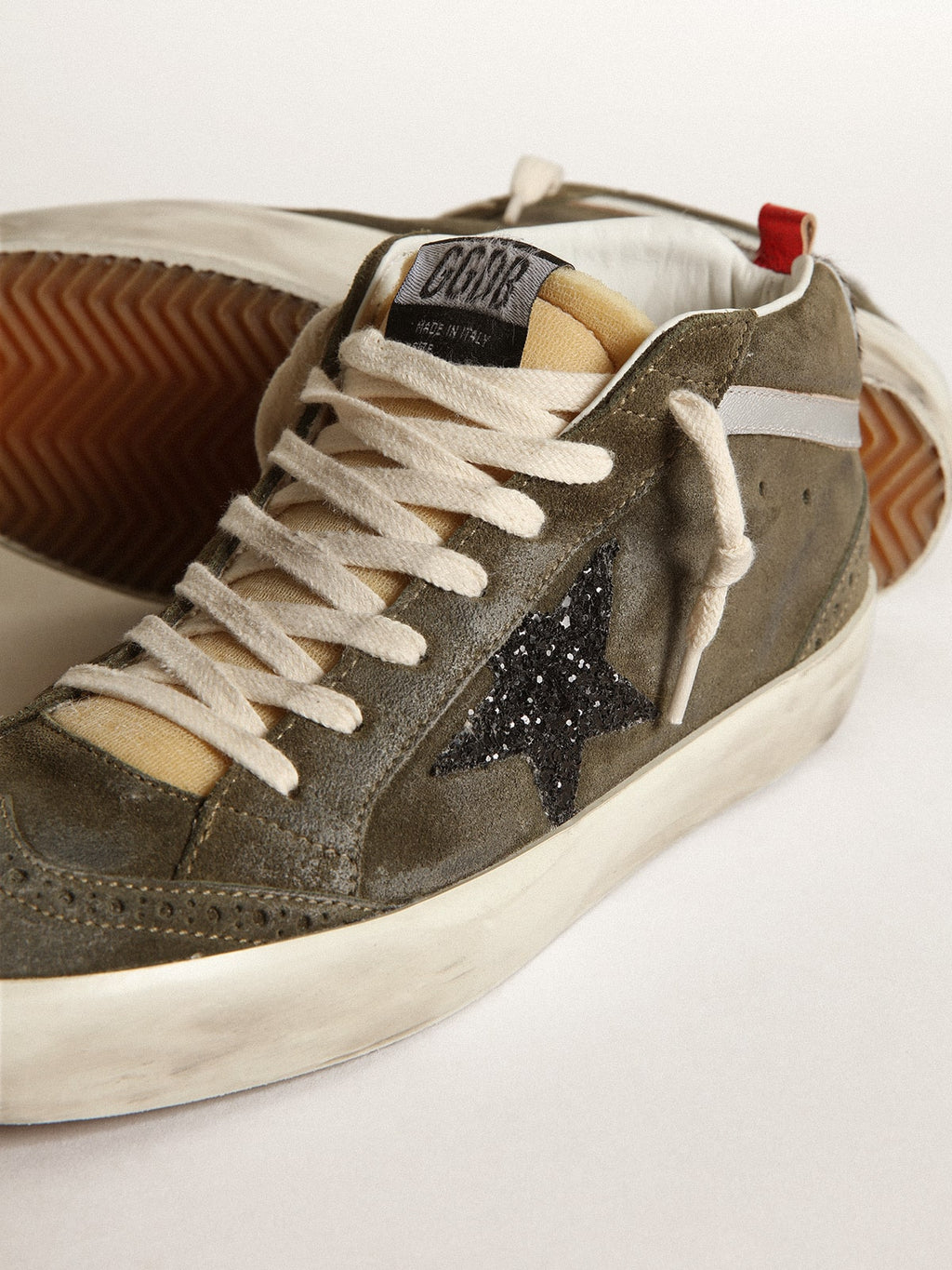 Women's Mid-Star in olive-green suede with black glitter star and pony skin heel tab| Golden Goose