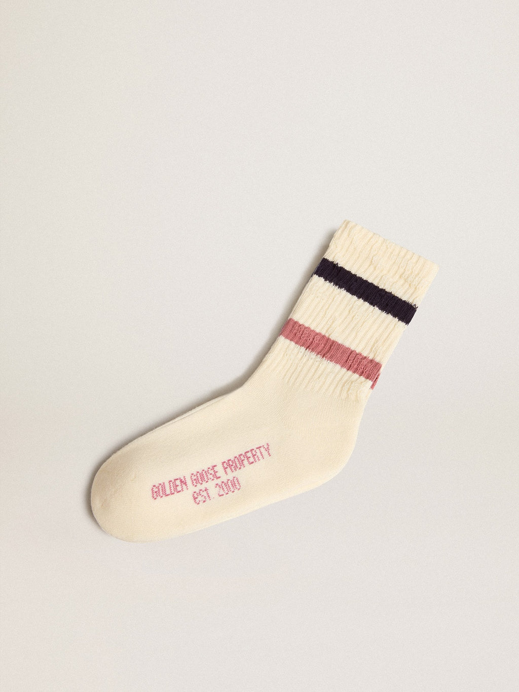 Worn white Kids socks with distressed details and two-tone lilac and blue stripes| Golden Goose