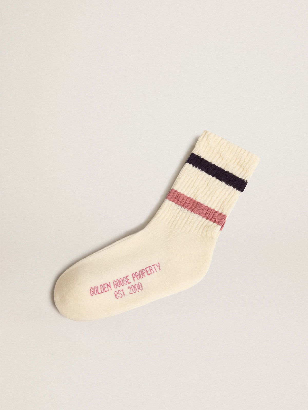 Worn white Kids socks with distressed details and two-tone lilac and blue stripes| Golden Goose