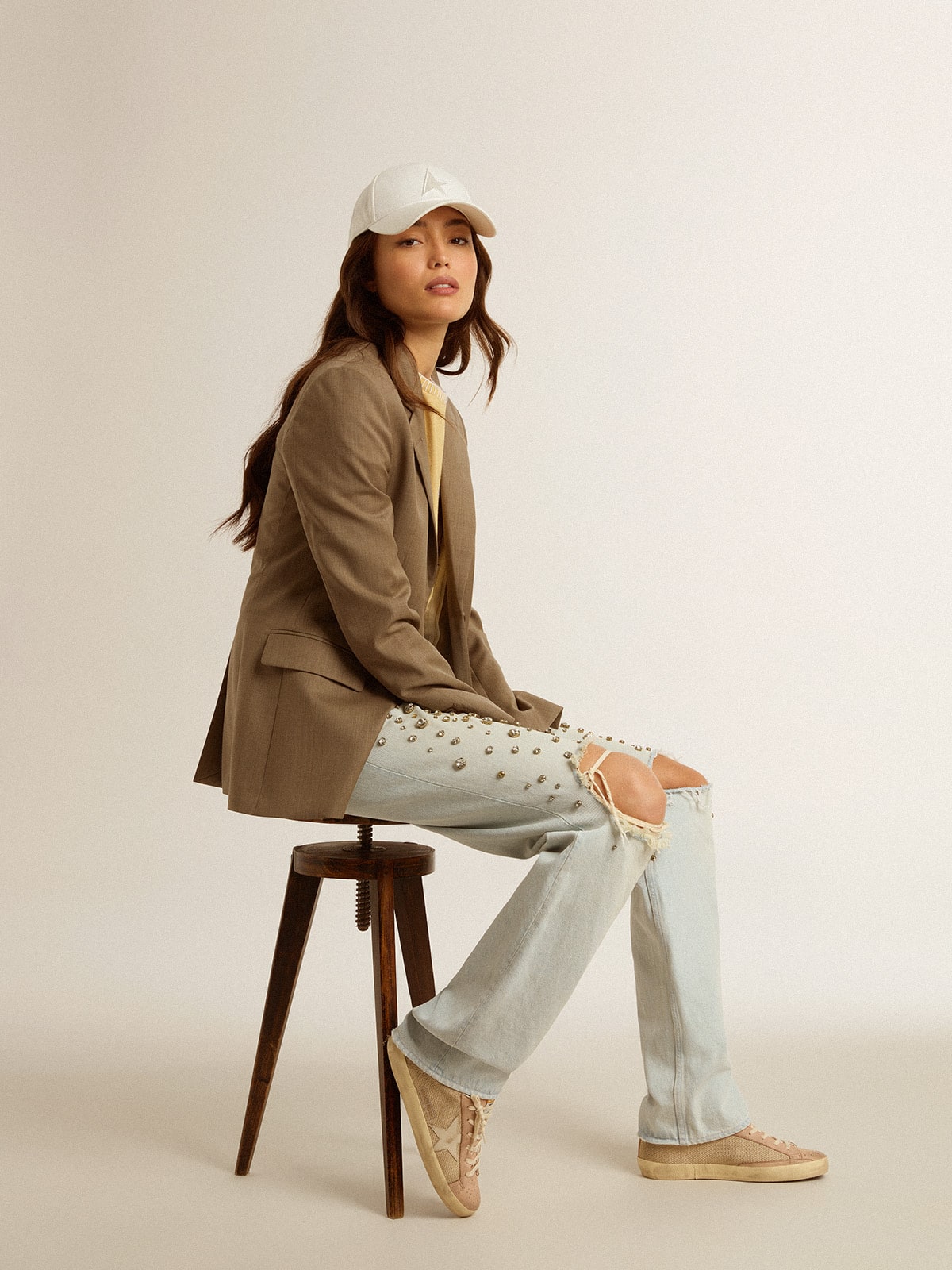 Super-Star LTD in white mesh and pink nubuck with Swarovski crystals heel tab| Golden Goose