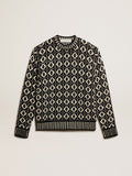 Round-neck sweater with geometric pattern in vintage white and black| Golden Goose