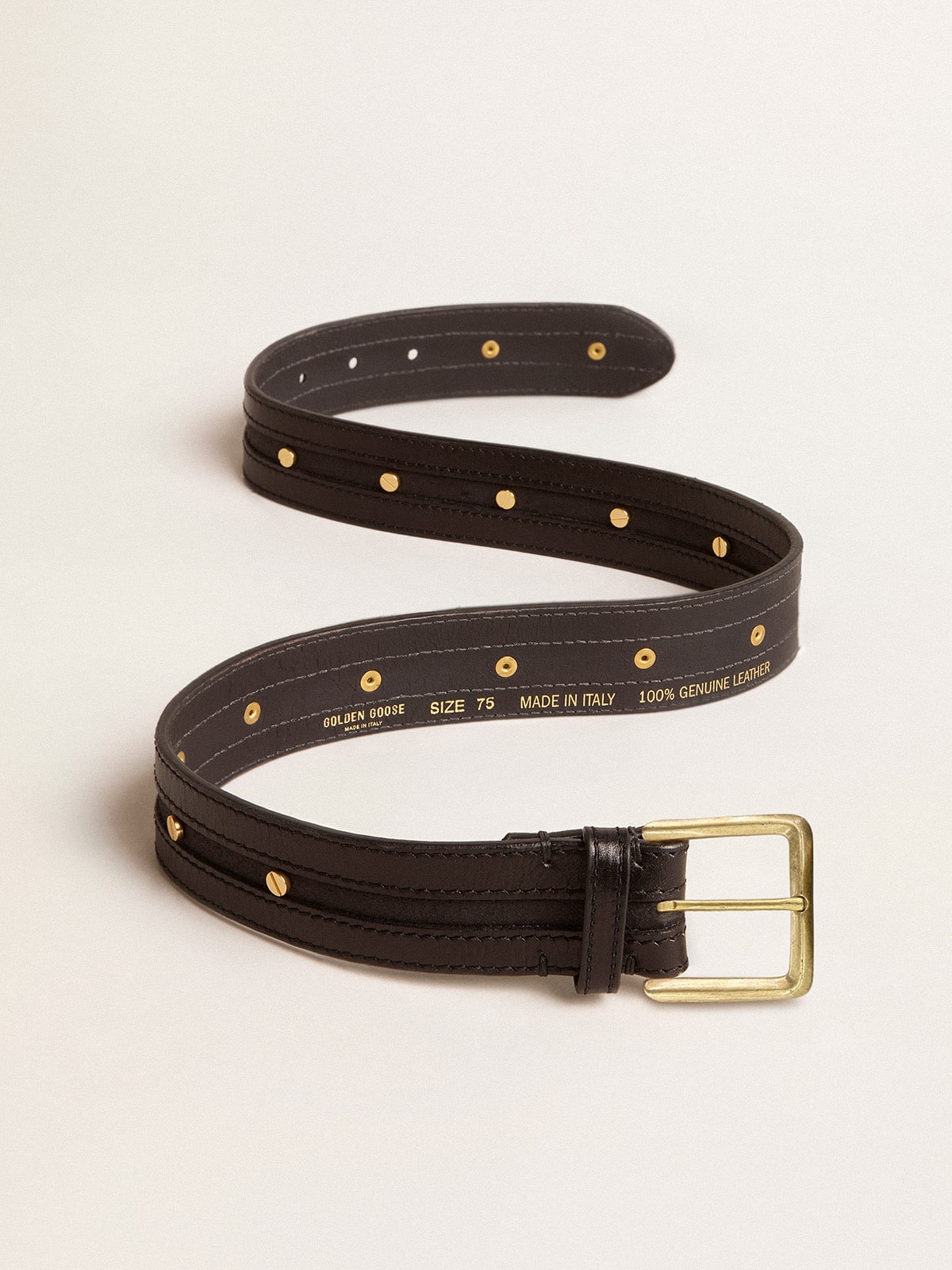 Women's black belt in washed leather with gold studs| Golden Goose