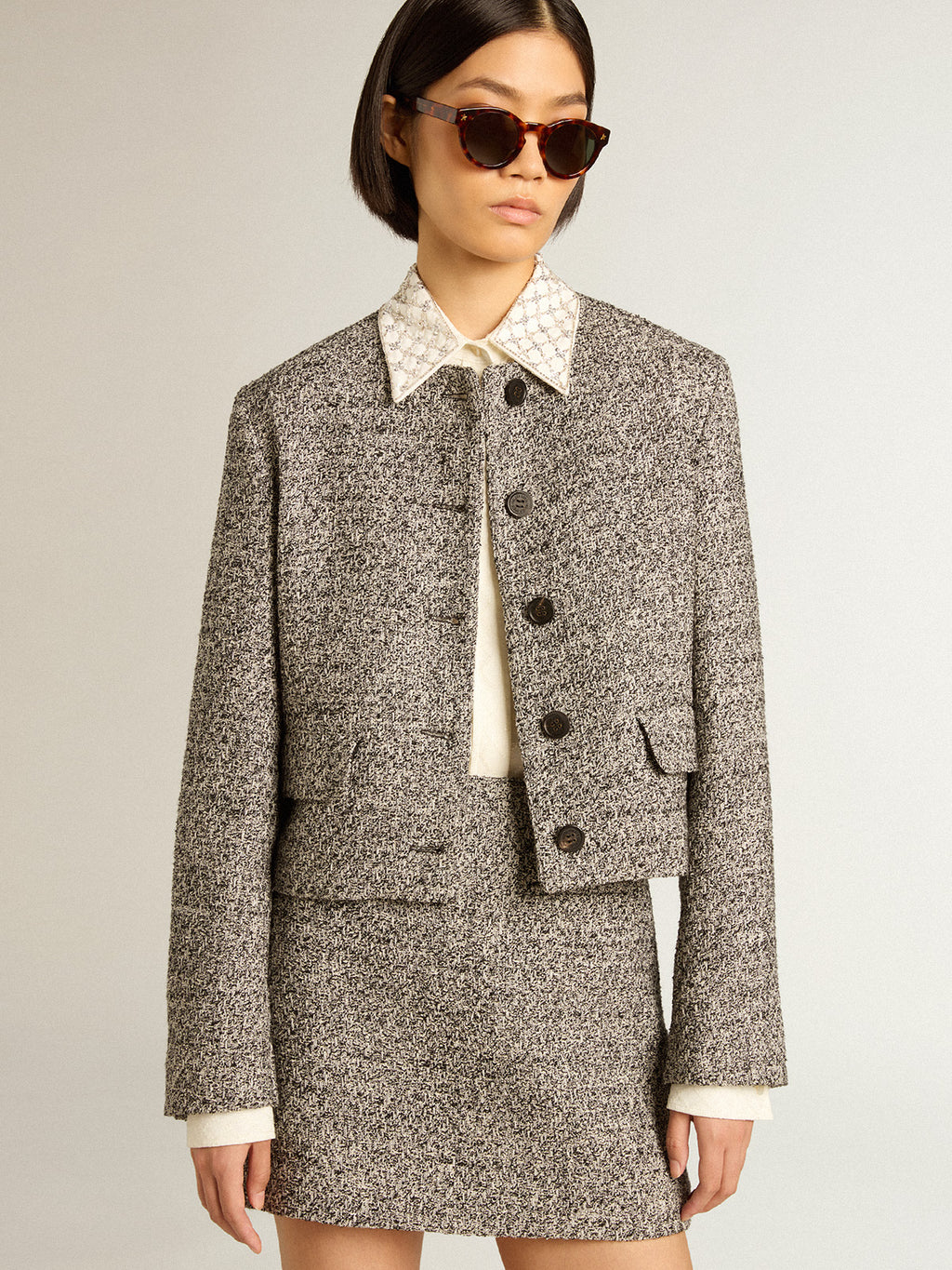 Boxy cropped jacket in gray bouclé fabric| Golden Goose