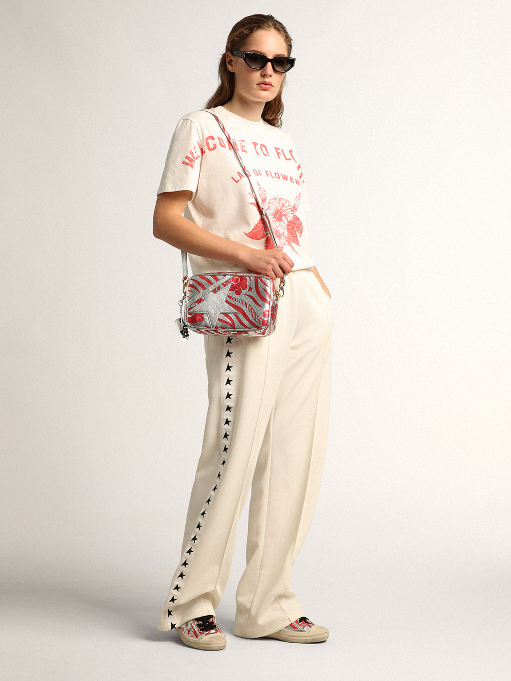 Women's Star Bag in silver leather with star and tiger-striped CNY| Golden Goose