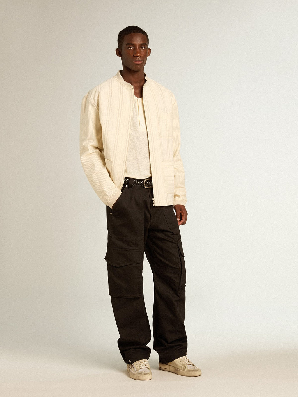 Men's long-sleeved T-shirt in panama-colored linen| Golden Goose