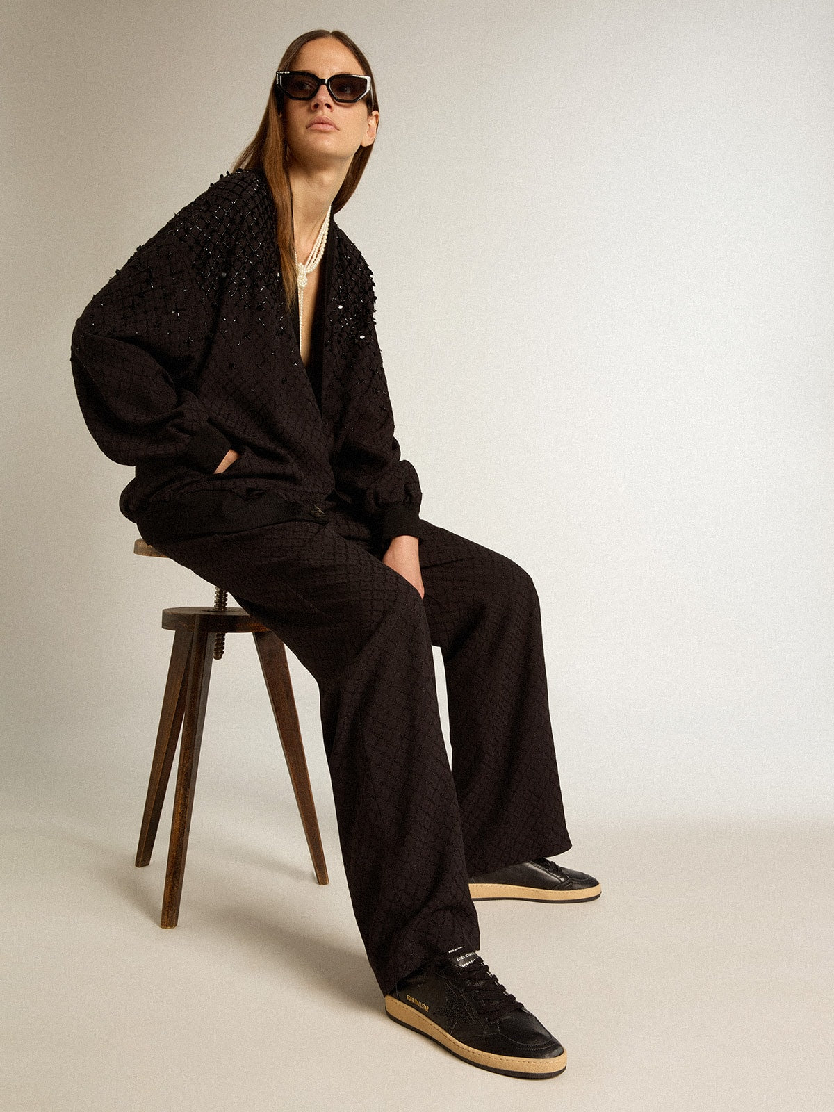 Women's Ball Star in black nappa with black glitter star and suede heel tab| Golden Goose