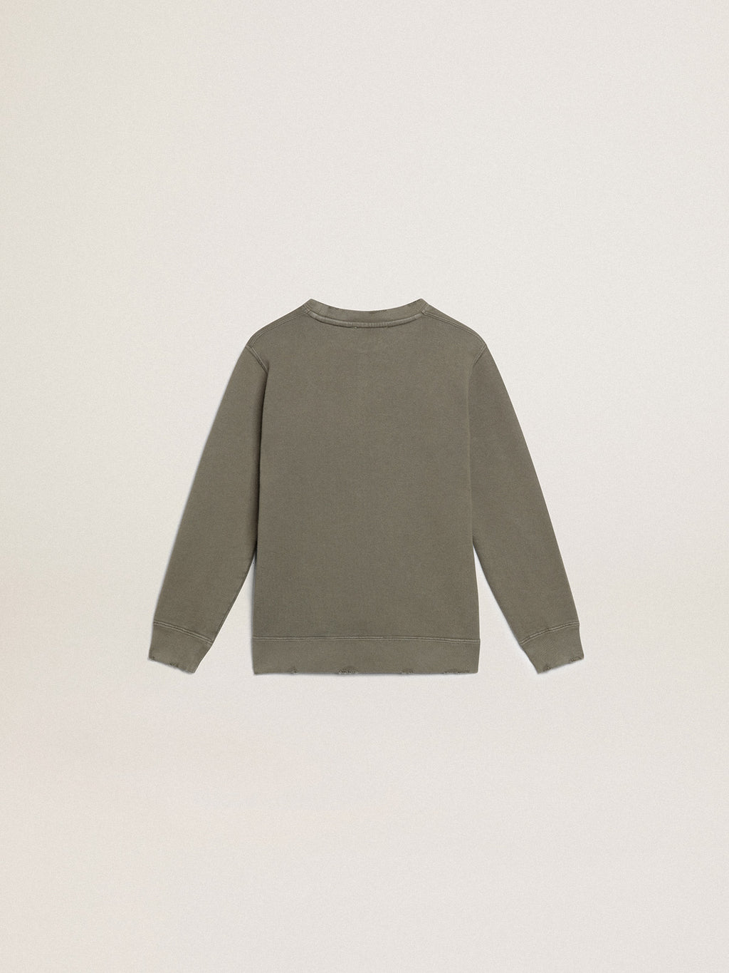 Distressed olive-green sweatshirt with Golden lettering on the front| Golden Goose
