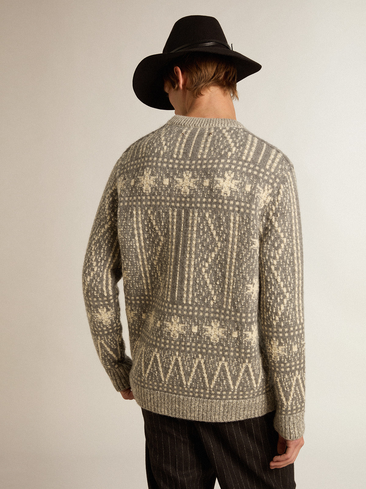 Round-neck sweater with gray Fair Isle motif| Golden Goose