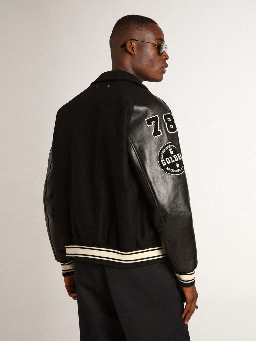 Black wool bomber jacket with patch| Golden Goose
