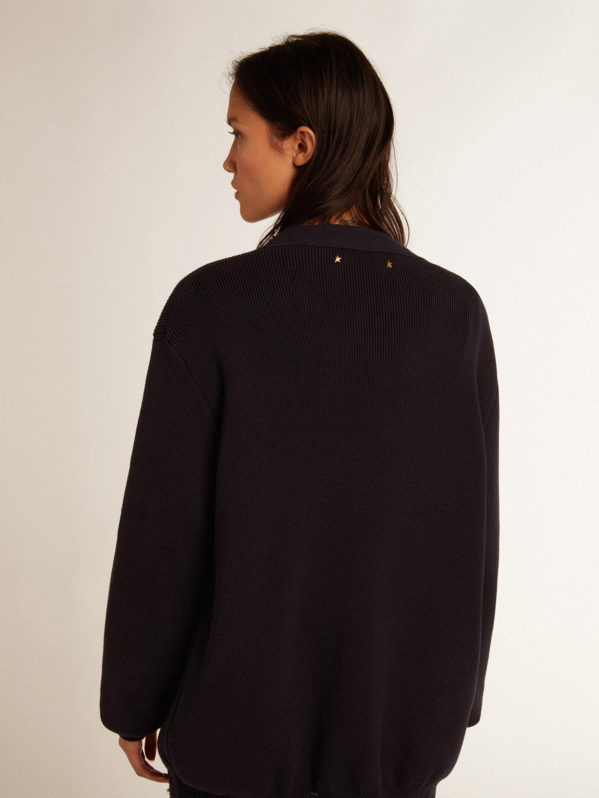 Women's cardigan in distressed dark blue cotton| Golden Goose