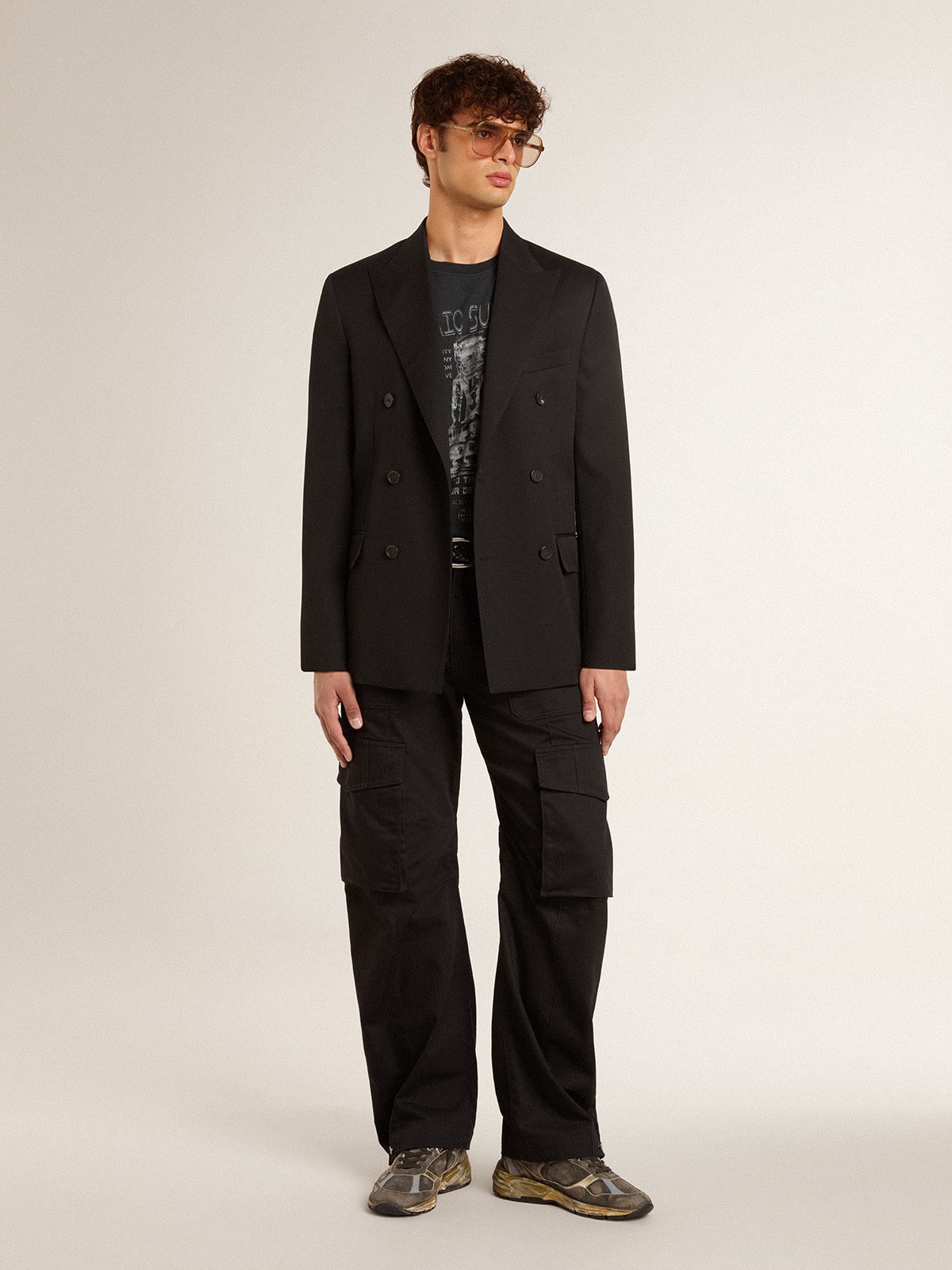 Men's worn-black cotton T-shirt with print on the front| Golden Goose