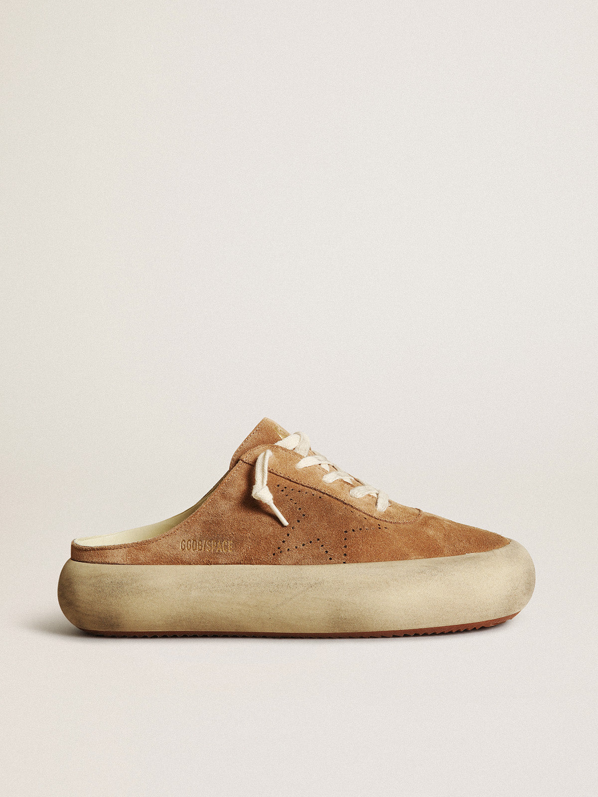 Women's Space-Star Sabot in tobacco-colored suede with perforated star| Golden Goose
