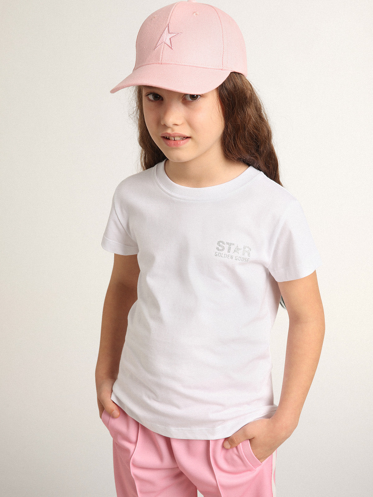 White and silver T-shirt with logo and maxi star in silver glitter| Golden Goose