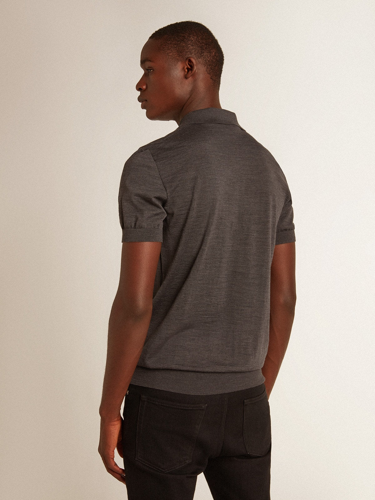 Men's short-sleeved polo shirt in gray merino wool| Golden Goose