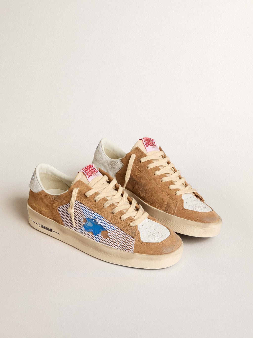 Stardan LTD in tobacco suede and mesh with blue star and leather heel tab| Golden Goose