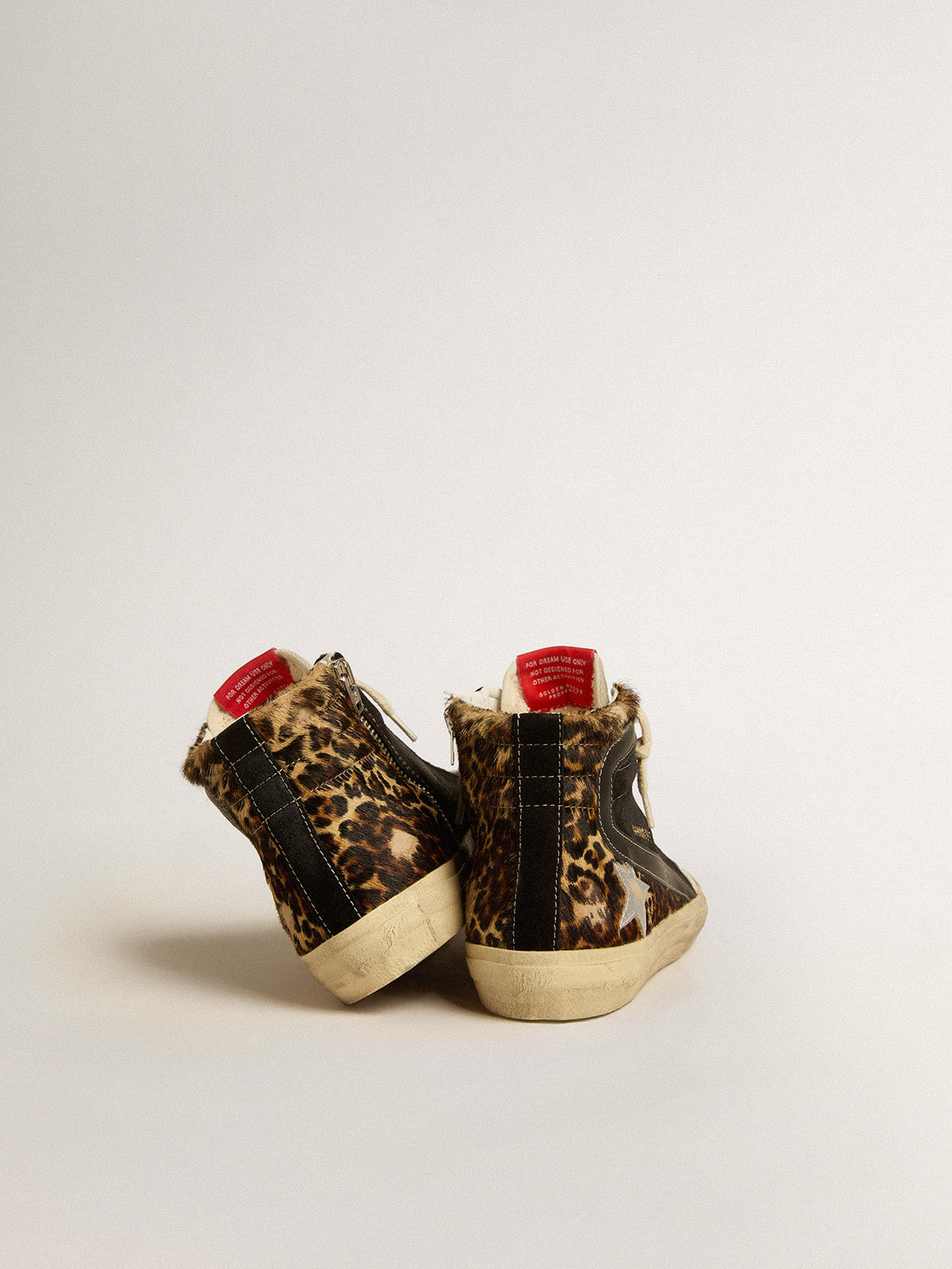 Slide Penstar LTD in leopard-print pony skin with silver star and black flash| Golden Goose