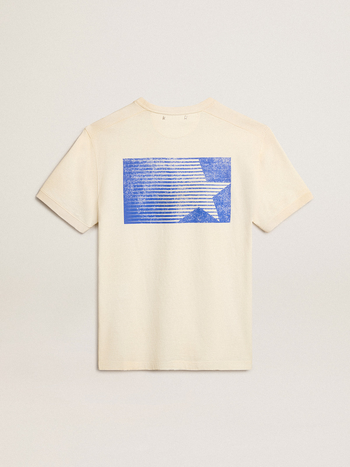 Aged white cotton T-shirt with blue Marathon logo| Golden Goose