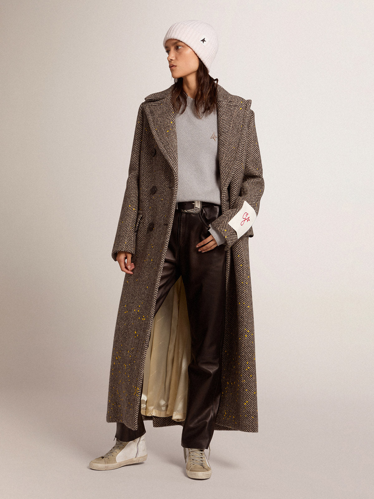 Women's long herringbone coat with yellow details| Golden Goose