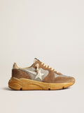 Running Sole in silver mesh and tobacco suede with a white star| Golden Goose