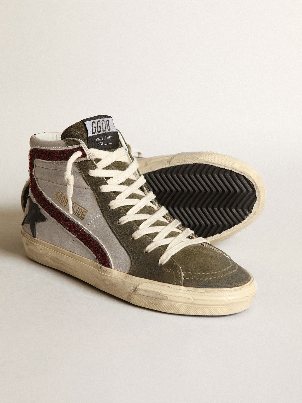 Silver Slide with a black leather star and glitter flash| Golden Goose