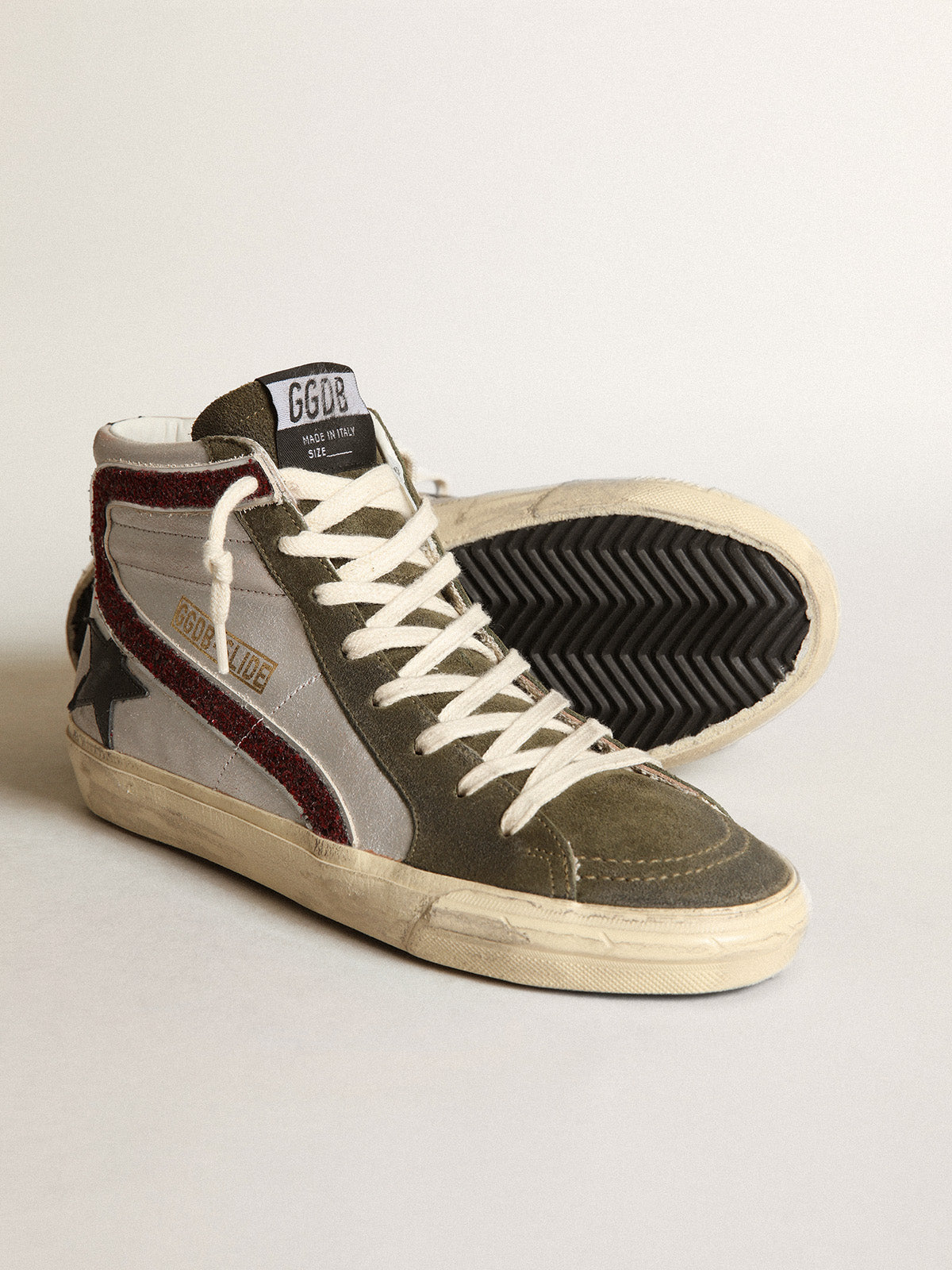 Silver Slide with a black leather star and glitter flash| Golden Goose