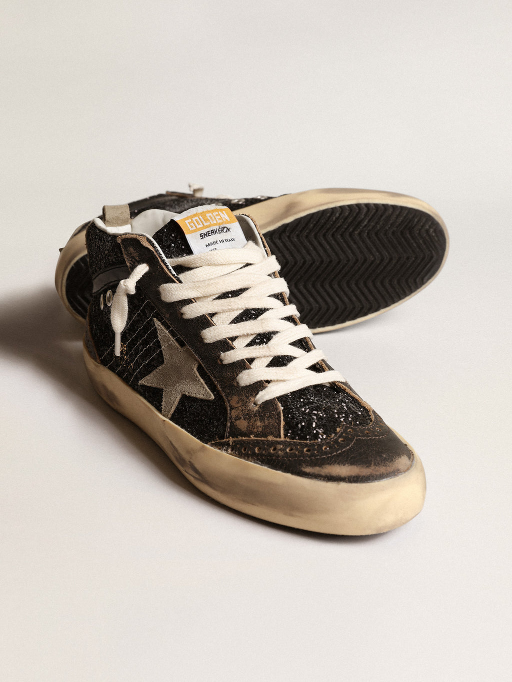 Mid Star in black glitter with dove-gray suede star and heel tab| Golden Goose