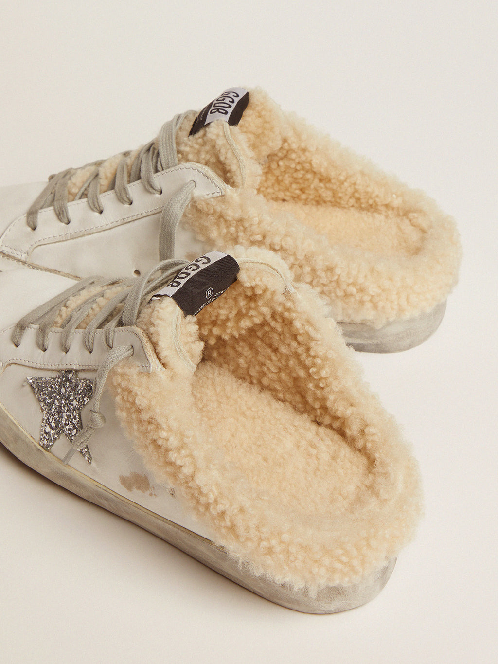 Women's Super-Star Sabot in white leather and shearling lining| Golden Goose