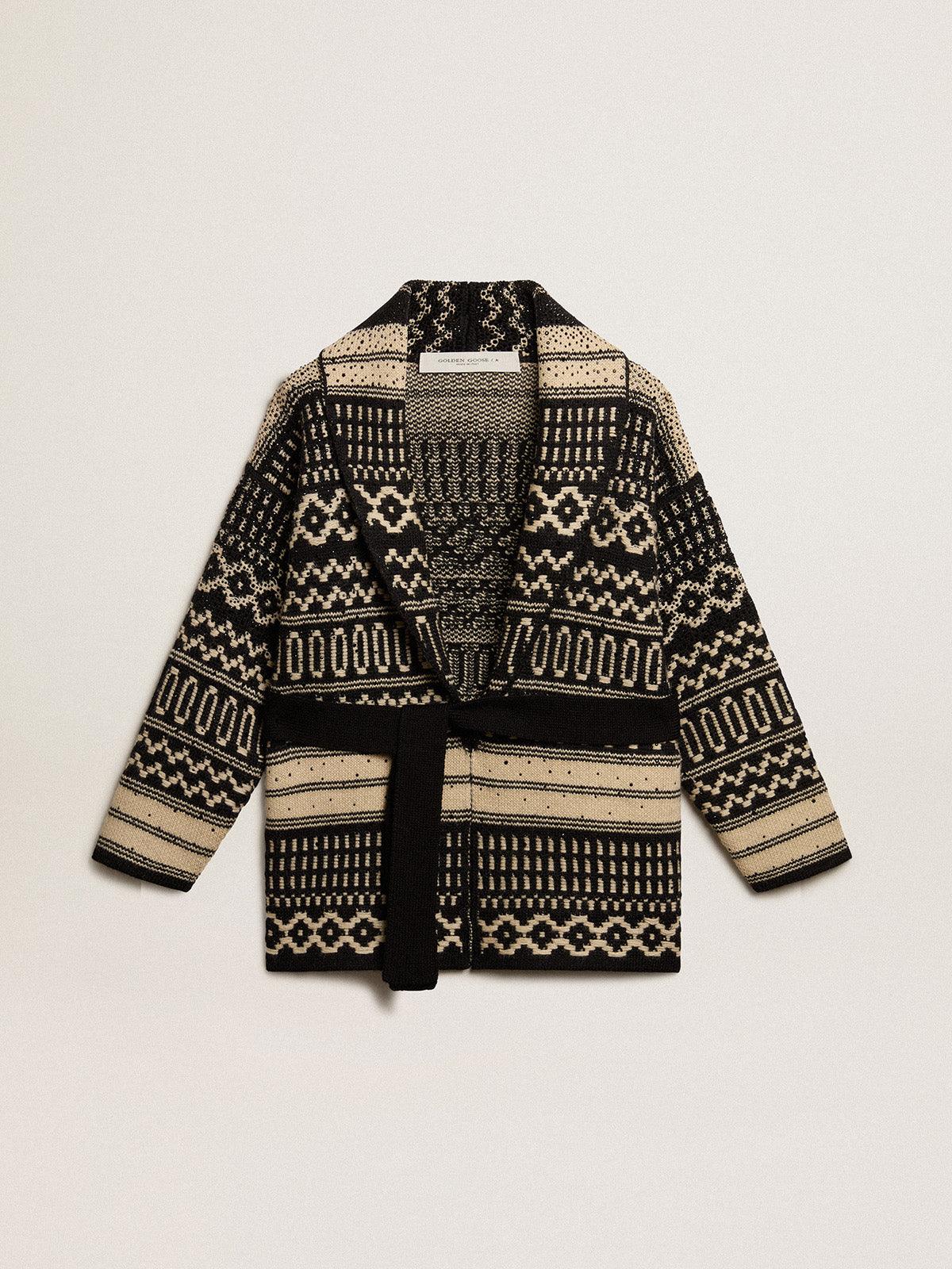Women's cardigan in ecru wool with jacquard design and belt| Golden Goose