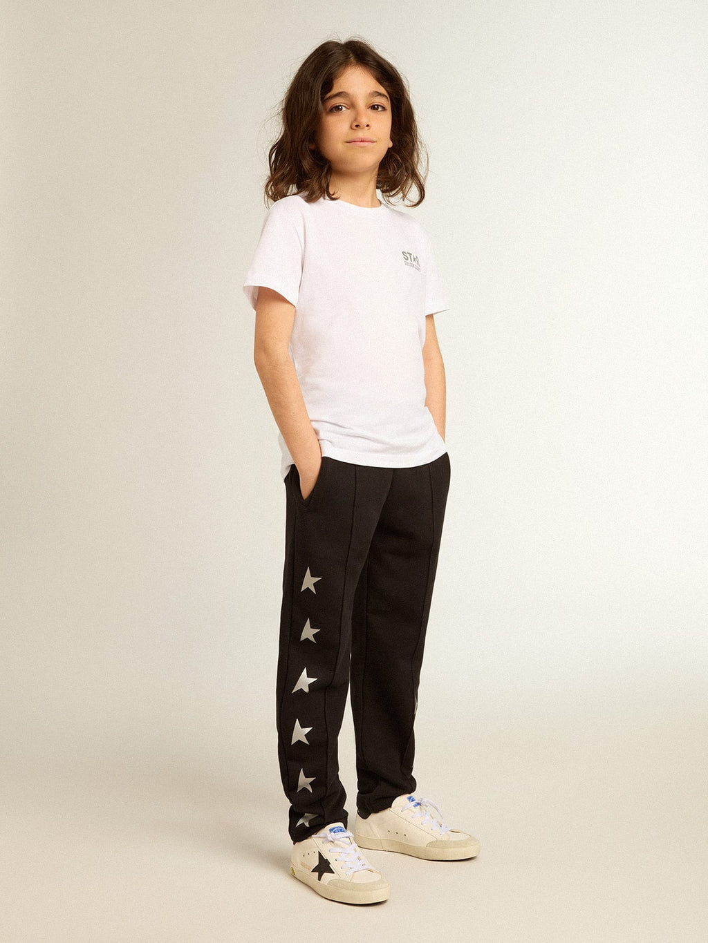 White T-shirt with contrasting silver logo on the front| Golden Goose