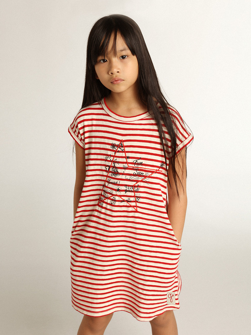 Mini dress with white and red stripes and embroidery on the front| Golden Goose