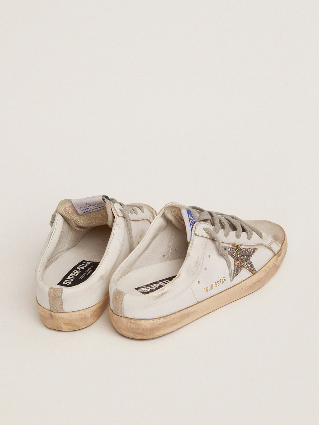 Super-Star Sabots in white leather and gray suede with silver glitter star| Golden Goose