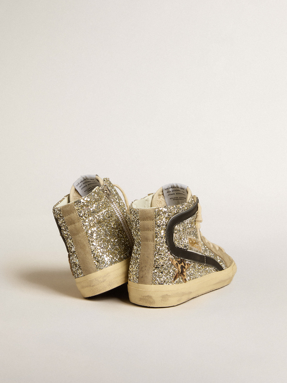 Slide in platinum glitter with leopard-print pony skin star and black flash| Golden Goose