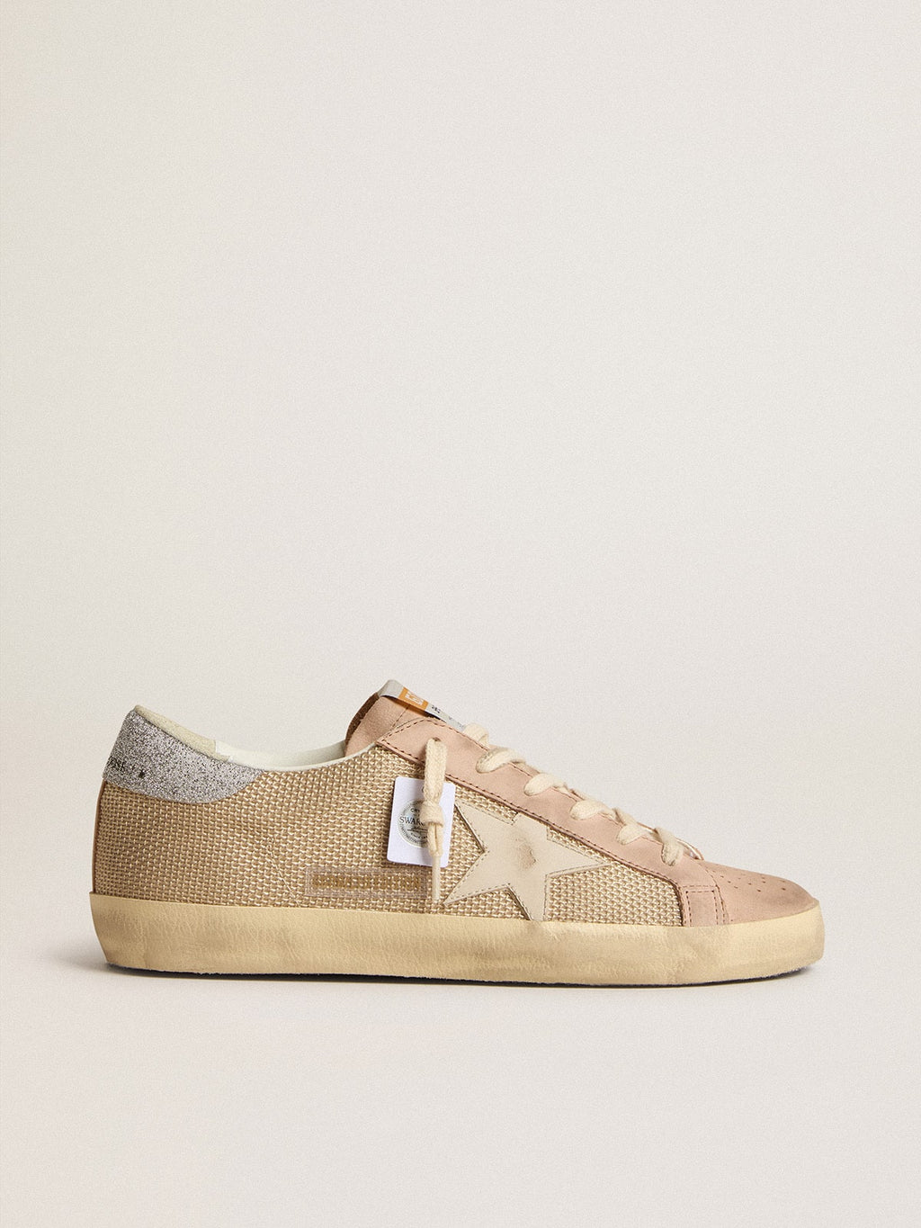 Super-Star LTD in white mesh and pink nubuck with Swarovski crystals heel tab| Golden Goose