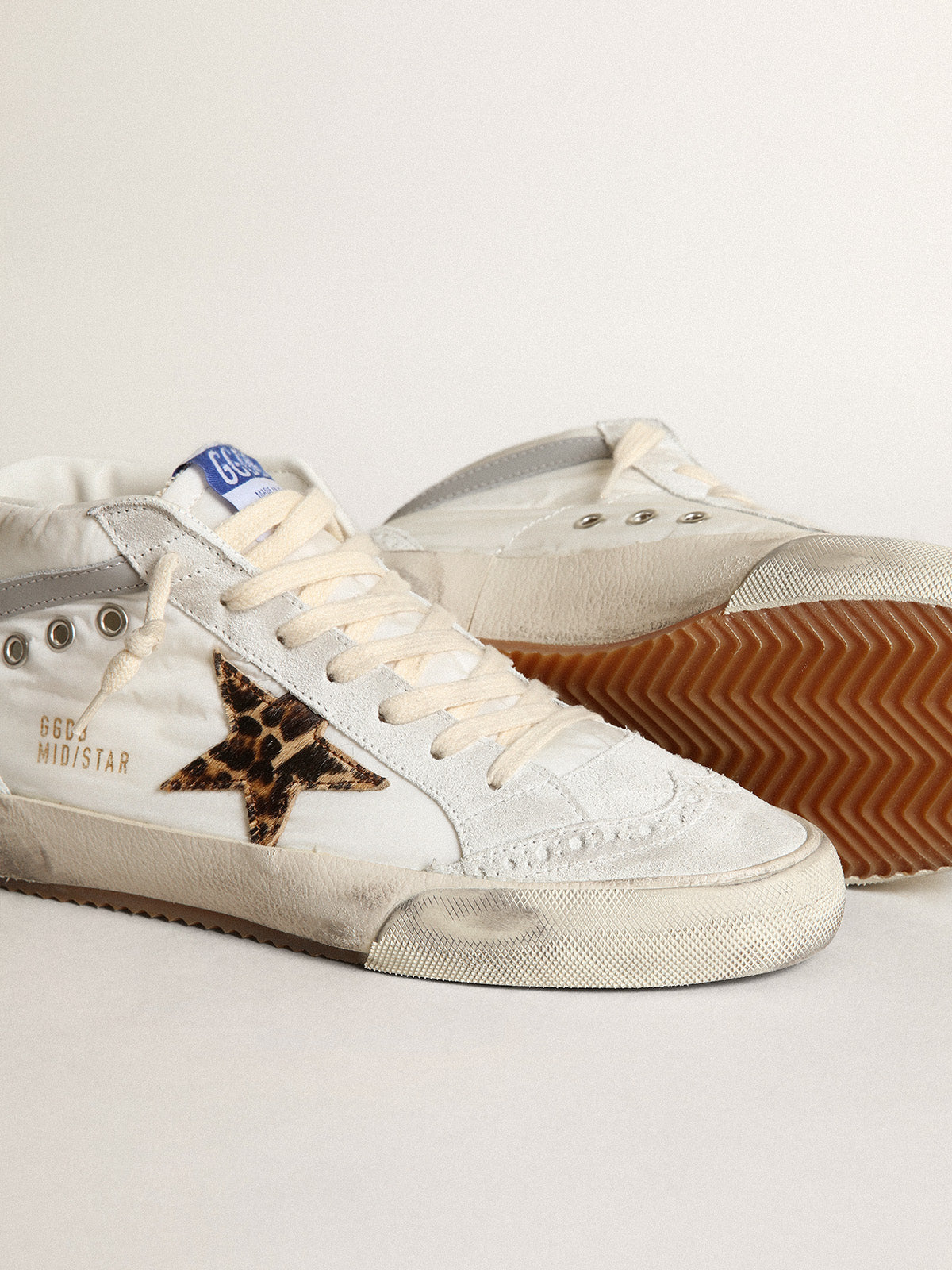 Women's Mid Star LTD in white nylon with leopard print pony skin star| Golden Goose