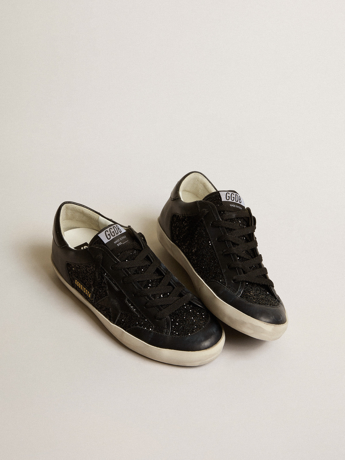 Super-Star in black nappa and glitter with glossy black leather star| Golden Goose