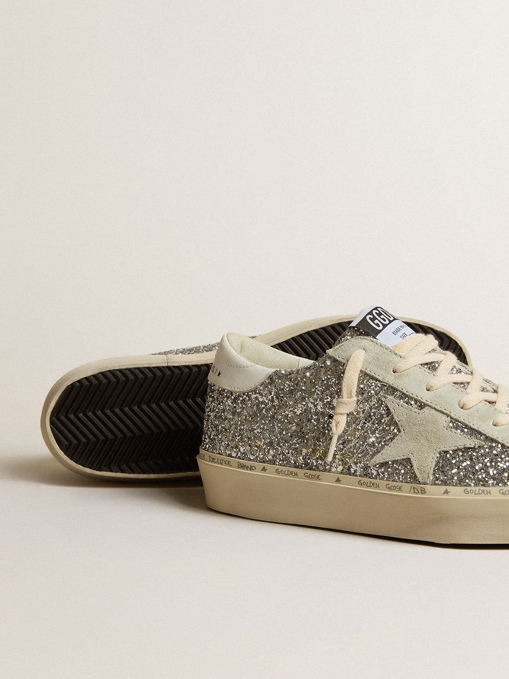Women's Hi Star in silver glitter with suede star and white heel tab| Golden Goose