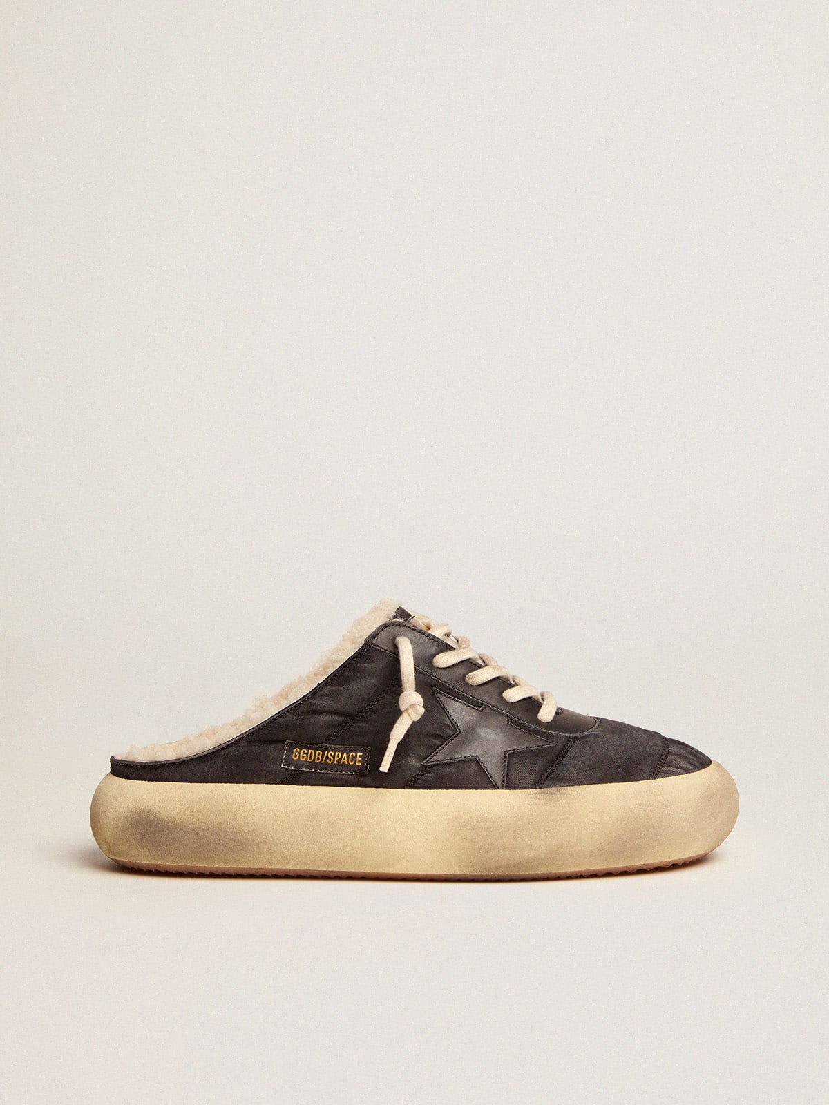Men's Space-Star Sabot shoes in quilted black nylon with shearling lining| Golden Goose