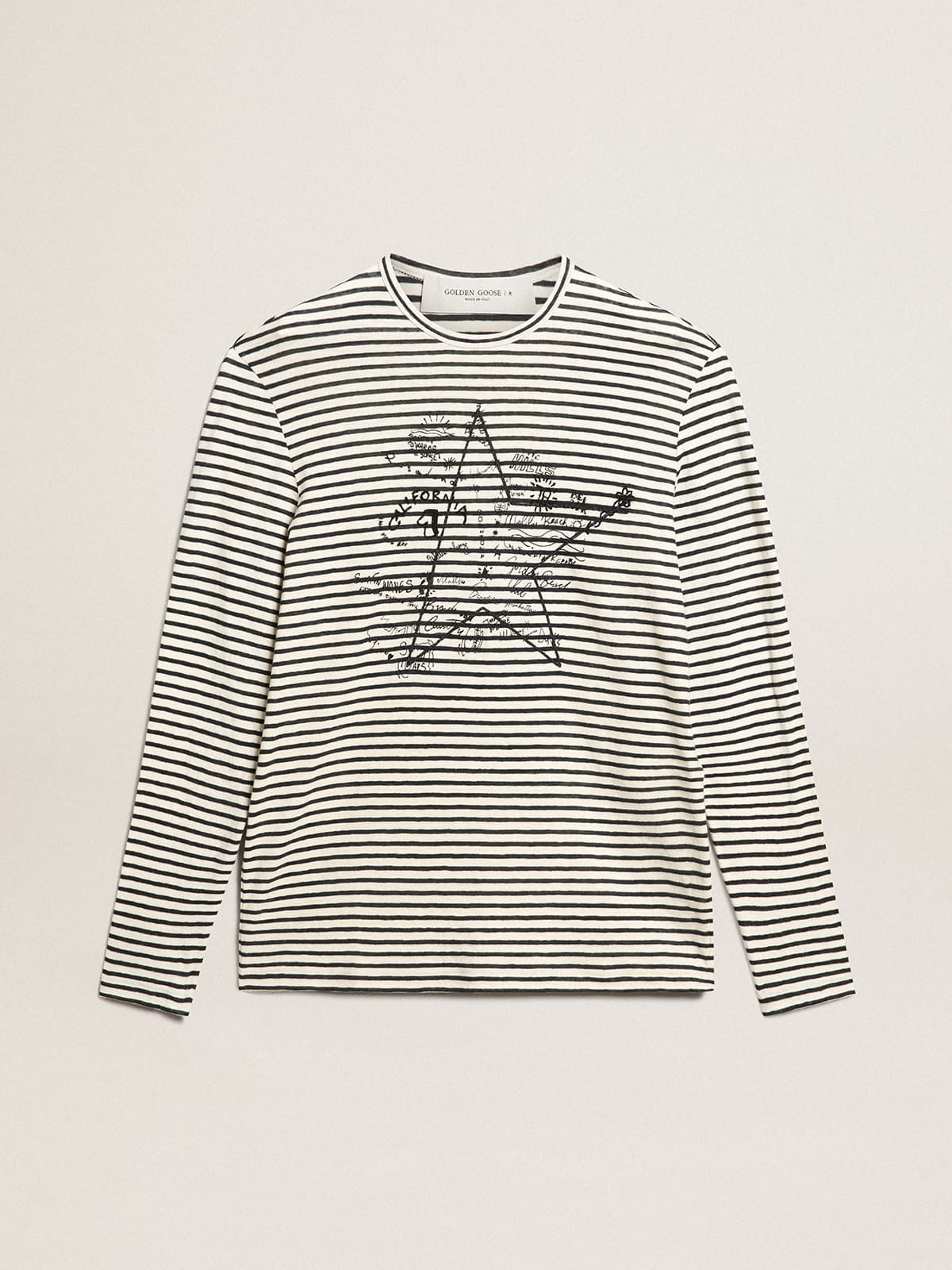 Men's T-shirt with white and blue stripes and embroidery on the front| Golden Goose